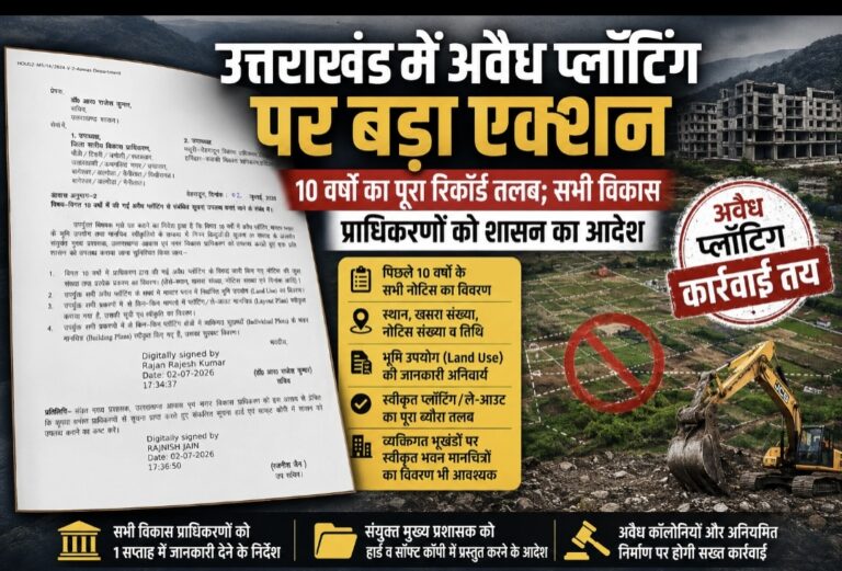 उत्तराखंड में अवैध प्लॉटिंग पर बड़ा एक्शन, 10 वर्षों का पूरा रिकॉर्ड तलब; सभी विकास प्राधिकरणों को शासन का आदेश।।