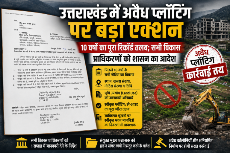 उत्तराखंड में अवैध प्लॉटिंग पर बड़ा एक्शन, 10 वर्षों का पूरा रिकॉर्ड तलब; सभी विकास प्राधिकरणों को शासन का आदेश।।